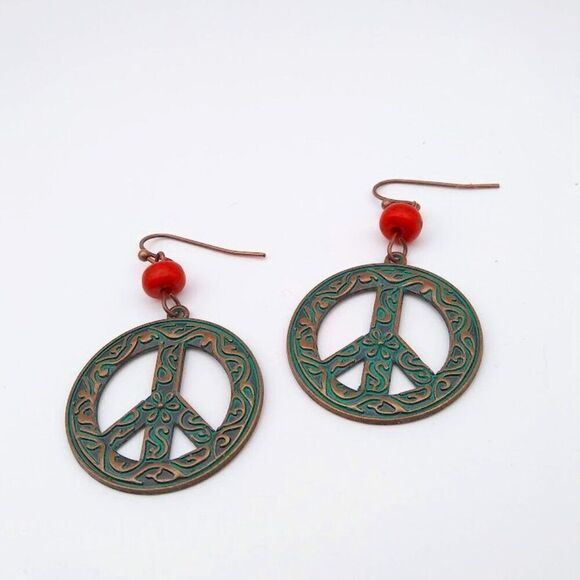 Peace Sign Filigree Patina Earrings - Picture 4 of 4